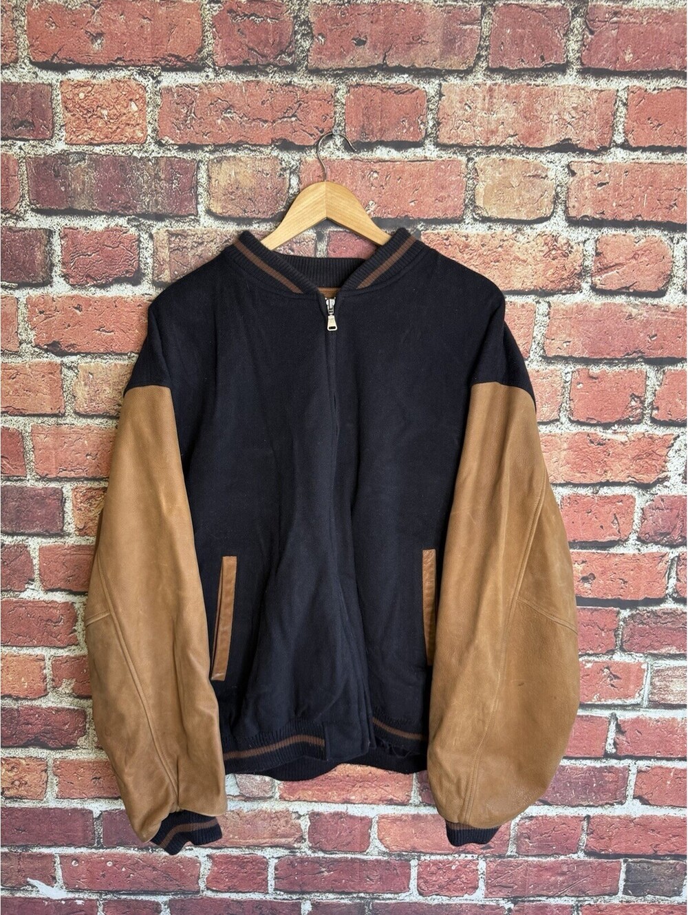 Kirkland Signature Jacket Mens Medium Wool Bomber Varsity Leather Sleeves Lined
